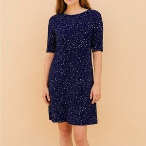 J.Crew Collection Wool Blue Floral Short Sleeve Sweater Dress